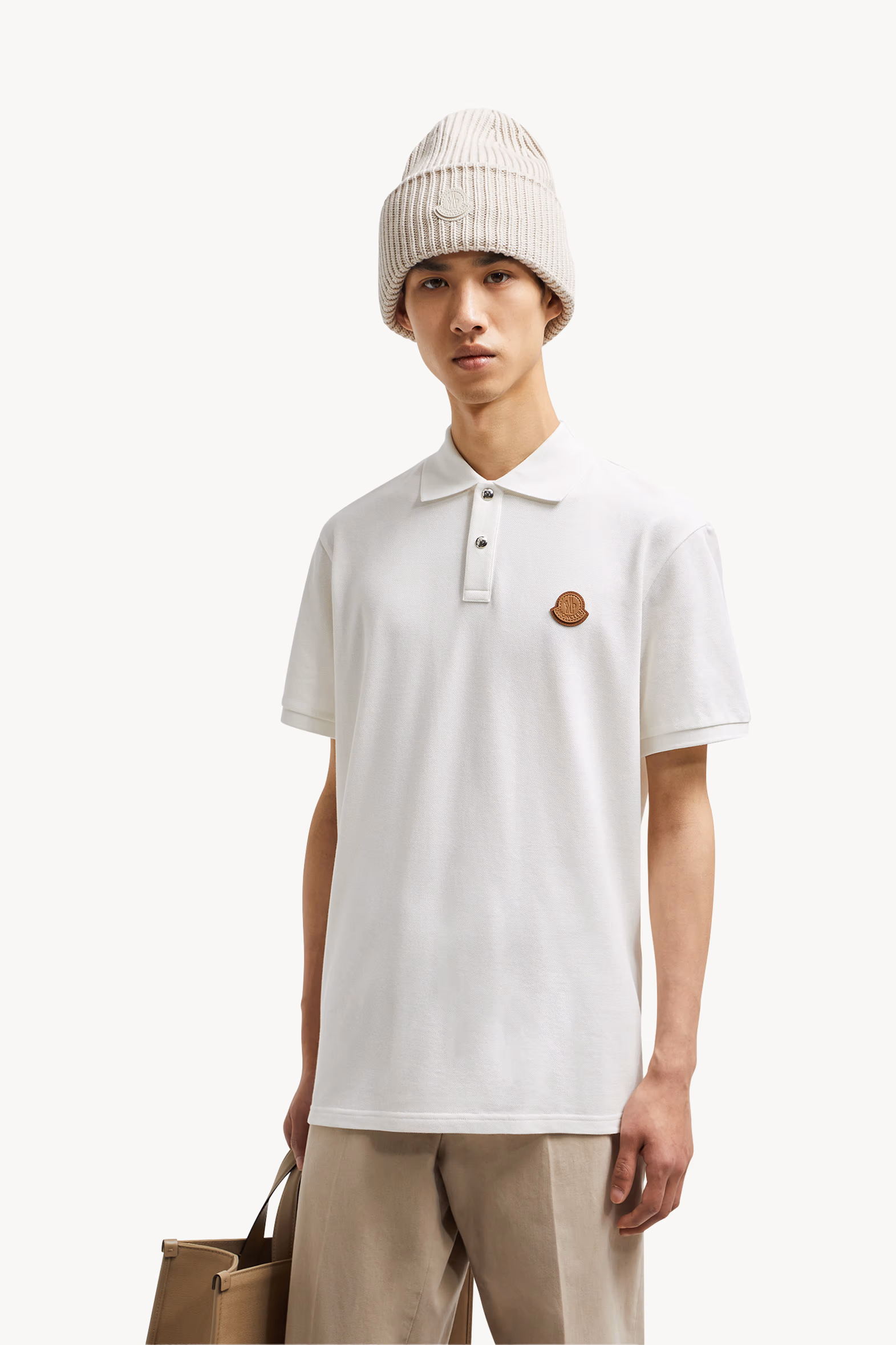 Logo Patch Cotton Piquet Polo Shirt Men White Moncler 0